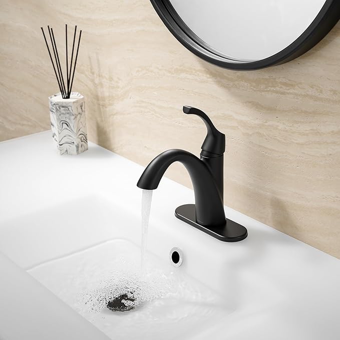 Bathroom Sink Faucet Matte Black, Single Handle Bathroom Faucet for 1 Hole with 3 Holes Deck Plate, Lavatory Vanity Faucets, Pop Up Drain and Water Supply Lines Included, TAF206-MB