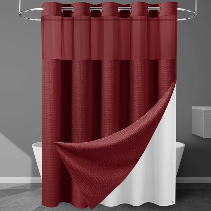 EUTXL Heavyweight Burgundy No Hook Shower Curtain with Snap in Liner,256GSM Waffle Weave Shower Curtains for Bathroom,71W x 74H