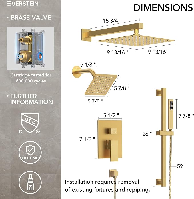 10" High-Pressure Rainfall Shower Faucet with Handheld Spray, Wall Mount Dual Shower Head System with Slide Bar (Brushed Gold)