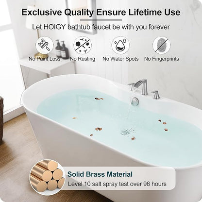3 Hole Roman Tub Faucet Waterfall Brass Brushed Nickel Bathtub Faucet Set, High Flow 6-16 Inch Deck Mount Faucet for Bathtub, 2 Handle Bath Tub Faucets with Supply Water Hoses for Classic