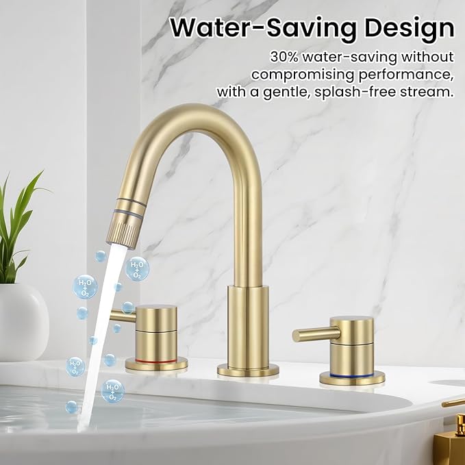 Bathroom Faucet 3 Hole, 8 Inch Widespread 2 Handle Pull Down Bathroom Sink Faucets with Pop Up Drain and 360° Swivel Spout, Brushed Gold