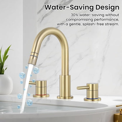 Bathroom Faucet 3 Hole, 8 Inch Widespread 2 Handle Pull Down Bathroom Sink Faucets with Pop Up Drain and 360° Swivel Spout, Brushed Gold