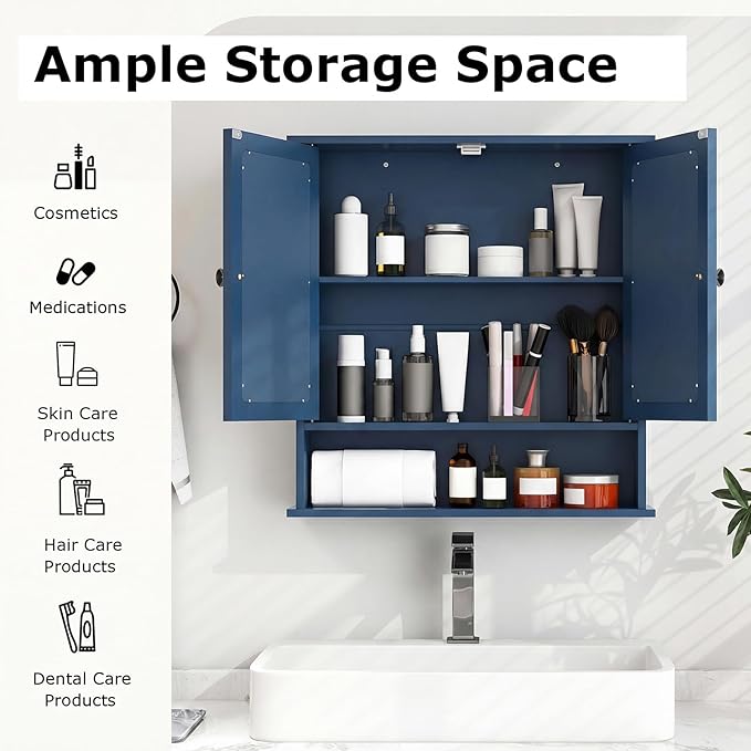 Tangkula Bathroom Medicine Cabinet with Mirror, Wall Mounted Wooden Hanging Organizer with Doors and Shelves, Bathroom Wall Mirror Cabinet (Mirror Doors, Blue)