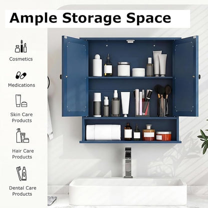 Tangkula Bathroom Medicine Cabinet with Mirror, Wall Mounted Wooden Hanging Organizer with Doors and Shelves, Bathroom Wall Mirror Cabinet (Mirror Doors, Blue)