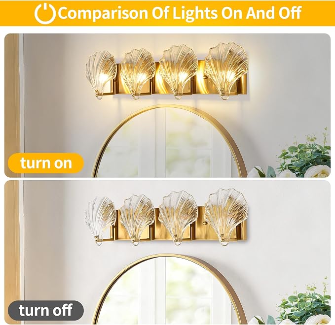Bathroom Light Fixtures, 4-Lights Vanity Lights Over Mirror, Modern Bathroom Wall Light with Clear Shell Shaped Glass Shades, Gold Crystal Wall Light for Bedroom Living Room Hallway Kitchen