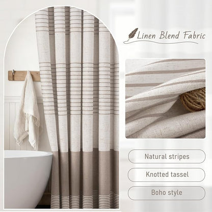 Taupe Farmhouse Linen Striped Shower Curtain with Tassel 72"W X 72"L | Boho Farmhouse Shower Curtains with Linen Texture for Bathroom Decor