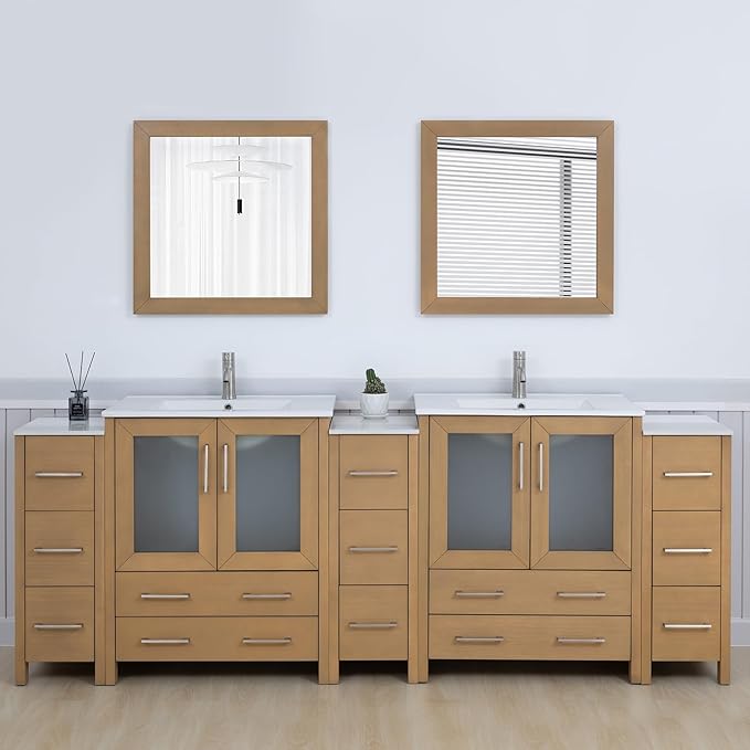 Vanity Art 96 Inch Under Mount Double Sink Bathroom Vanity Cabinet with 2 Mirrors, Ceramic Top Bathroom Cabinet Compact Set with 13 Dovetail Storage Drawers and Brushed Nickel Handles, VA3030-96-NO
