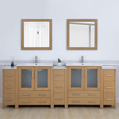 Vanity Art 96 Inch Under Mount Double Sink Bathroom Vanity Cabinet with 2 Mirrors, Ceramic Top Bathroom Cabinet Compact Set with 13 Dovetail Storage Drawers and Brushed Nickel Handles, VA3030-96-NO