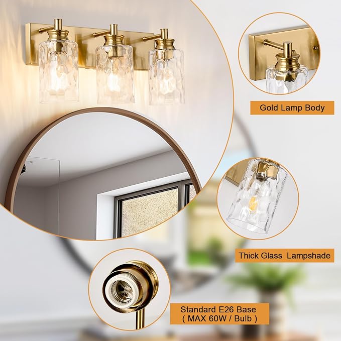 3 Light Bathroom Vanity Light Modern Brushed Gold Bathroom Light Fixtures Over Mirror with Hammered Glass Lampshade for Kitchen Hallway