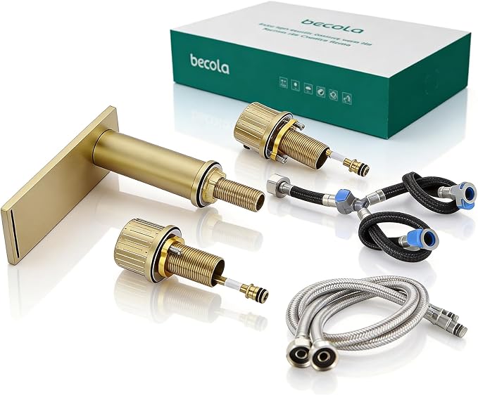 becola Brushed Gold Bathroom Faucet 3 Hole, 8 inch Widespread Bathroom Faucet with Top Storage, Waterfall Bathroom Faucet，2-Handle Modern Vanity Faucet with Adjust Knobs and Two Supply Lines
