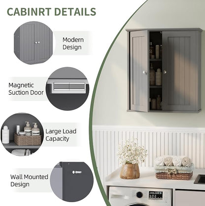 Bathroom Wall Cabinet, Bathroom Cabinet Wall Mount, Over Toilet Space Saver Storage Cabinets Wall Mounted, Wood Medicine Cabinets with Doors, Grey