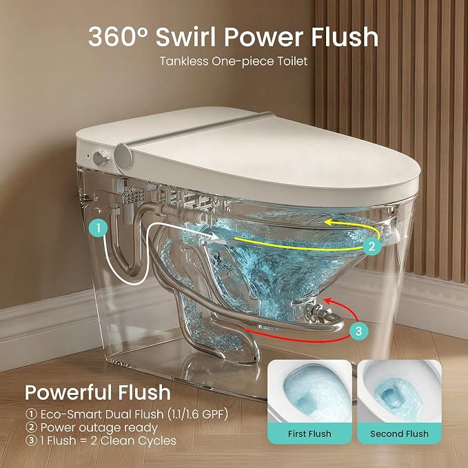 R&T W5203-2 Tankless Smart Toilet Touchless Auto Flush 1.1/1.6 GPF Dual Flush, Battery-Operated One-Piece Intelligent Toilet for Bathroom, Foot Kick & Manual, Non-Electric Bidet