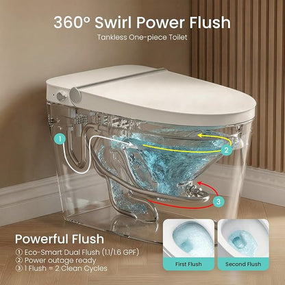 R&T W5203-2 Tankless Smart Toilet Touchless Auto Flush 1.1/1.6 GPF Dual Flush, Battery-Operated One-Piece Intelligent Toilet for Bathroom, Foot Kick & Manual, Non-Electric Bidet