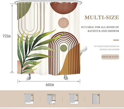 Glawry Green Brown Boho Shower Curtain Abstract Mid Century Plant Tropical Leaves Modern Geometric Bathroom Minimalist Arch Curve 60Wx72L Inches Bath Accessories Art Home Decor Fabric 12 Pack Hooks