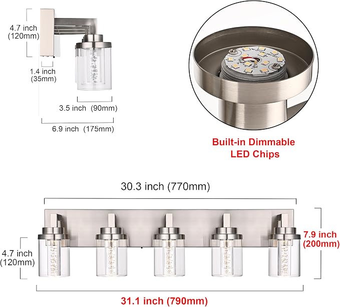 MELUCEE LED Vanity Light Bar 5-Light Bathroom Vanity Light 3000K-6000K | 25W Bath Lamps Over Mirror Brushed Nickel Bathroom Wall Lighting Fixtures with Clear Glass Shade Bubble Crystal