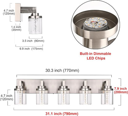 MELUCEE LED Vanity Light Bar 5-Light Bathroom Vanity Light 3000K-6000K | 25W Bath Lamps Over Mirror Brushed Nickel Bathroom Wall Lighting Fixtures with Clear Glass Shade Bubble Crystal