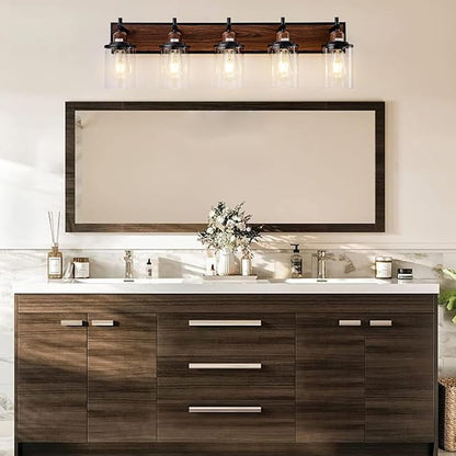 5-Light Farmhouse Bathroom Light Fixtures Vintage Bathroom Vanity Lights Over Mirror Black and Wood Painted Metal Vanity Light for Bathroom with Glass Shades E26 Socket