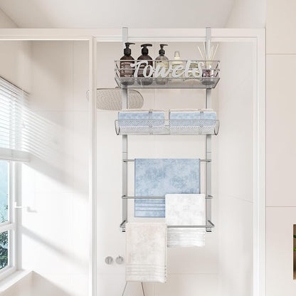 SWTYMIKI Over the Door Towel Racks for Bathroom - 5-Tier Wall Mounted Bathroom Towel Storage Organizer Holder with Metal Shelf, Sliver