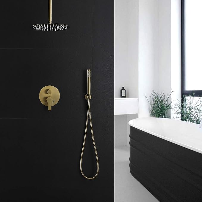 TIPOK Brushed Gold Shower Fixture with 10 Inch Round Shower Head and Handheld Bathroom Golden Rain Shower Faucet Set Contain Brass Rough-in Valve and Trim Kit, Ceiling Mount Gold Shower System