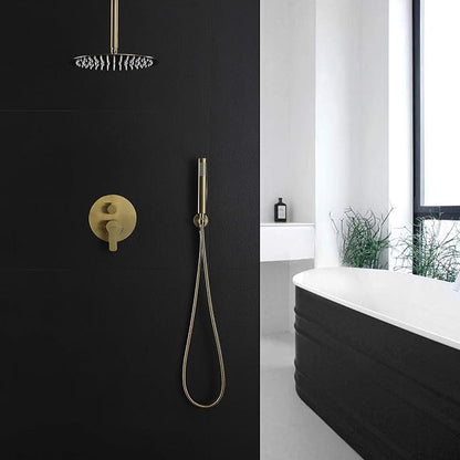 TIPOK Brushed Gold Shower Fixture with 10 Inch Round Shower Head and Handheld Bathroom Golden Rain Shower Faucet Set Contain Brass Rough-in Valve and Trim Kit, Ceiling Mount Gold Shower System