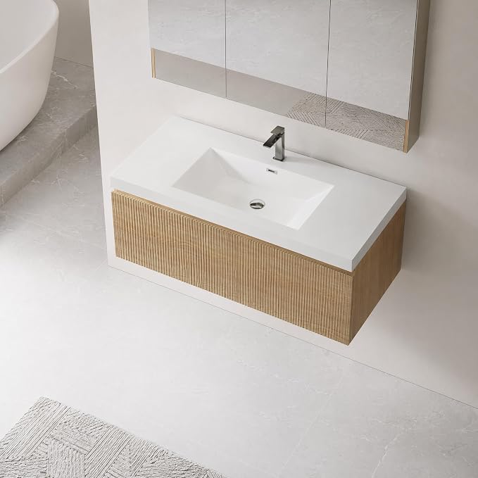 Floating Bathroom Vanity, 42" Wall Mounted Bathroom Cabinet with Glossy White Stone Resin Sink & U-Shaped Soft-Close Drawer, Pre-Assembled Striped Storage Vanity for Bathroom, Natural Wood