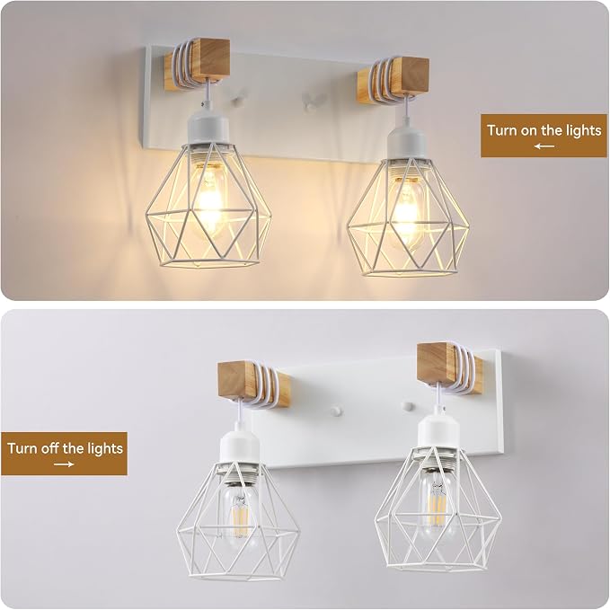 VbiTmn Bathroom Light Fixtures, 2 Light White Farmhouse Wood Vanity Lights | Rustic Design, Diamond Metal Shades, Easy to Install, Wall Sconces for Bathroom, Bedroom, Makeup Area, Over Vanity Mirror