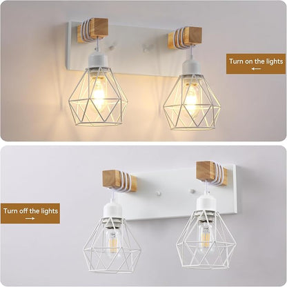 VbiTmn Bathroom Light Fixtures, 2 Light White Farmhouse Wood Vanity Lights | Rustic Design, Diamond Metal Shades, Easy to Install, Wall Sconces for Bathroom, Bedroom, Makeup Area, Over Vanity Mirror