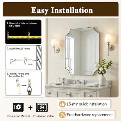 Brushed Nickel Mirror, 28x36 Scalloped Bathroom Mirror, Silver Vanity Mirror in Stainless Steel, Notched Mirrors with Delicate Tessellated Glass, Wall-Mounted Horizontal/Vertical