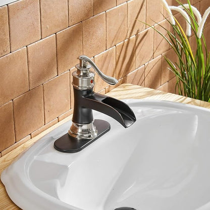 BWE Waterfall Bathroom Faucet Single Hole Oil Rubbed Bronze with Brushed Nickel for Bathroom Sink Farmhouse Single Handle Vanity Faucets Lavatory Mixer Tap