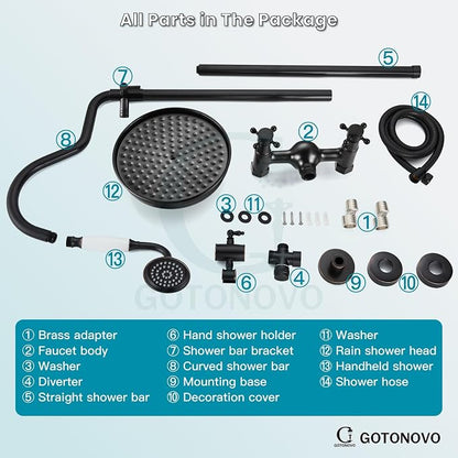 gotonovo Exposed Shower Faucet Set Luxury,Oil Rubbed Bronze,Curved Arc Rod | Bathroom 8” Shower Head with Handheld Spray System Fixtures,Vintage Two Cross Handle,Wall Mount,for 5-6.7" Hole,Adjust Height