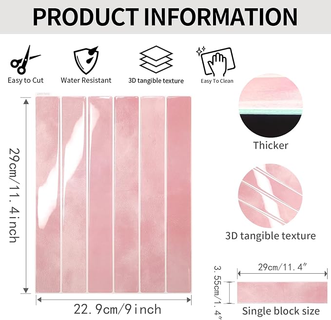 10 Sheet 9 * 11.4 in backsplash Tiles Peel Stick for Kitchen Bathroom Laundry RV Wall Decor, Thickened Wall Tile Stickers Stick Girls' Room Tile backsplash(Pink)