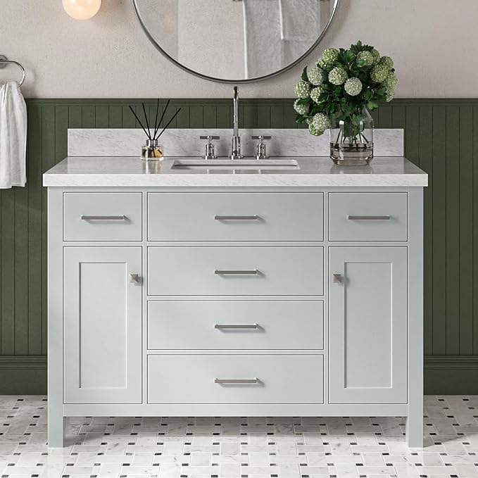 Alenza 48-Inch Grey Bathroom Vanity, 1.5-Inch Edge Italian Carrara Marble Countertop & Backsplash, Rectangular Sink, 2 Soft Closing Doors, 5 Dovetail Drawers, Polished Chrome Hardware