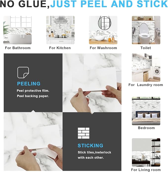 URCOLOR 32-Piece Peel and Stick Backsplash Wall Tile, 4"x 8" PVC Glossy White Gray Marble Stick on Subway Tiles for Kitchen, Bathroom, Laundry Room, Camper, Fireplace