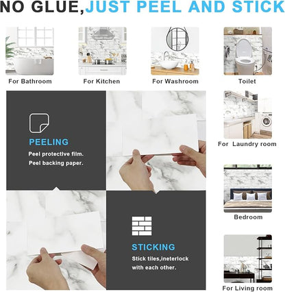 URCOLOR 32-Piece Peel and Stick Backsplash Wall Tile, 4"x 8" PVC Glossy White Gray Marble Stick on Subway Tiles for Kitchen, Bathroom, Laundry Room, Camper, Fireplace
