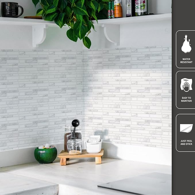 Art3d Stone Peel and Stick Backsplash, 10-Sheet, 12" x 12", White Marble | Lightweight, Self Adhesive, Moisture Resistant, Easy to DIY, Modern Style, for Kitchen, Bedroom, Ideal for New Home Buyers