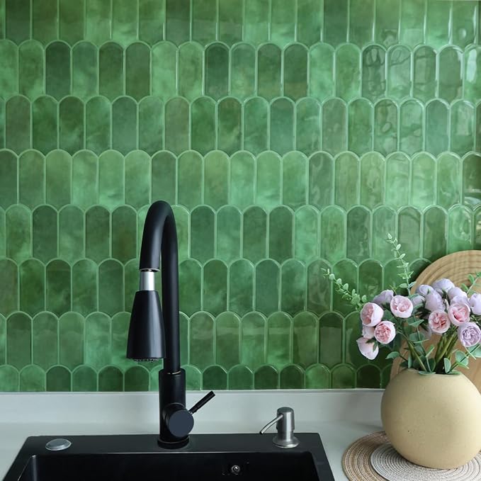 Vamos Tile Thicker Peel and Stick Backsplash Tile,Green,10-Sheet | Self Adhesive Vinyl Wall Tiles with Green Grout, Stick on Backsplash for Kitchen, Bathroom,RV,Laundry,11.1''x12''