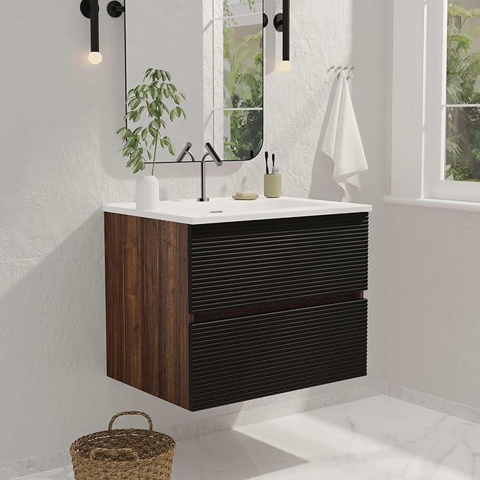 24'' Floating Bathroom Vanity with Sink Combo, Modern Bathroom Cabinet with 2-Soft Close & Large Storage Drawers, for Small Space, Apartment, Hotel, Black and Walnut