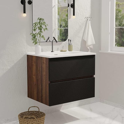 24'' Floating Bathroom Vanity with Sink Combo, Modern Bathroom Cabinet with 2-Soft Close & Large Storage Drawers, for Small Space, Apartment, Hotel, Black and Walnut