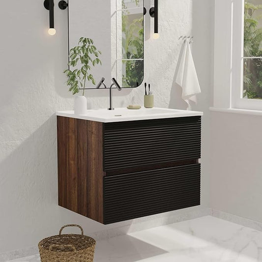 24'' Floating Bathroom Vanity with Sink Combo, Modern Bathroom Cabinet with 2-Soft Close & Large Storage Drawers, for Small Space, Apartment, Hotel, Black and Walnut