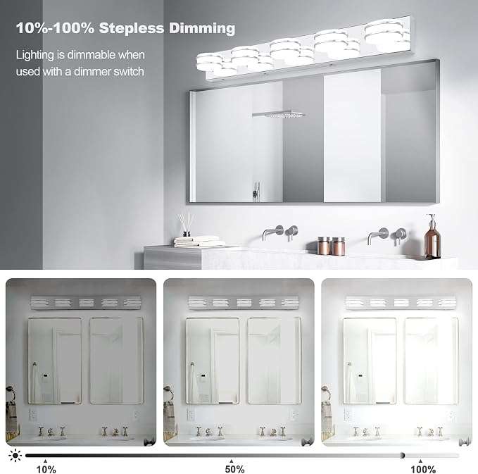 3 Color Temperature Dimmable Bathroom Light Fixtures over Mirror, LED Chrome 5 Light Vanity Lighting Fixtures, Acrylic Stainless Steel Square Shade Vanity Lights for Bathroom, ETL Certificated