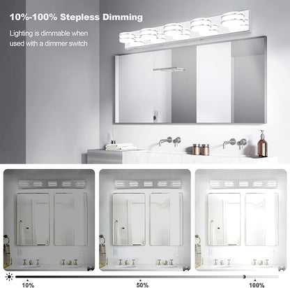 3 Color Temperature Dimmable Bathroom Light Fixtures over Mirror, LED Chrome 5 Light Vanity Lighting Fixtures, Acrylic Stainless Steel Square Shade Vanity Lights for Bathroom, ETL Certificated