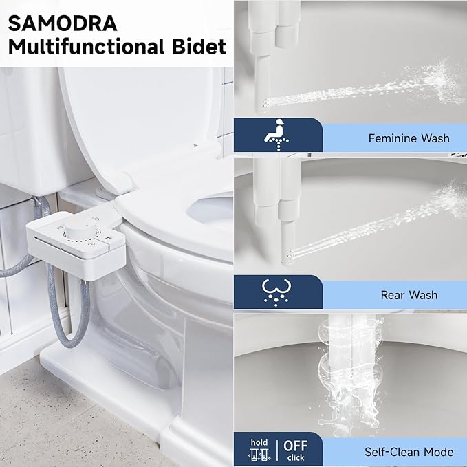 SAMODRA Bidet Attachment for Toilet, Non-Electric Fresh Cold Water Bidet Toilet with Angle Control Dual Nozzle, Adjustable Water Pressure & Self Cleaning Nozzle (1 Unit, WHIET)