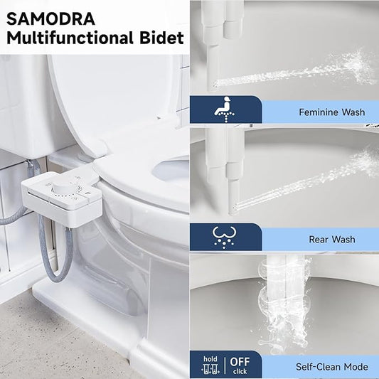 SAMODRA Bidet Attachment for Toilet, Non-Electric Fresh Cold Water Bidet Toilet with Angle Control Dual Nozzle, Adjustable Water Pressure & Self Cleaning Nozzle (1 Unit, WHIET)
