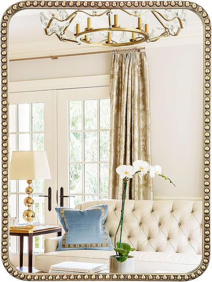 24"x36" Champagne Bronze Mirror Bathroom, Beaded Vanity Mirror | Mount Vertically or Horizontally, Shatterproof Safety, HD, Brass Vanity Mirror for Bedroom Entryway Living Room Fireplace