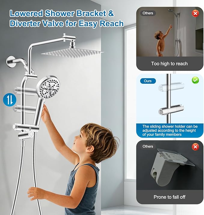 Metal 10" Rain Showerhead with 10-Spray Filter Handheld, 4-way Diverter | Chrome Finish, NSF/ANSI/CAN 372 Certified, High Pressure Shower Head with Pause Mode, 71" Stainless Steel Hose/12" Shower Arm