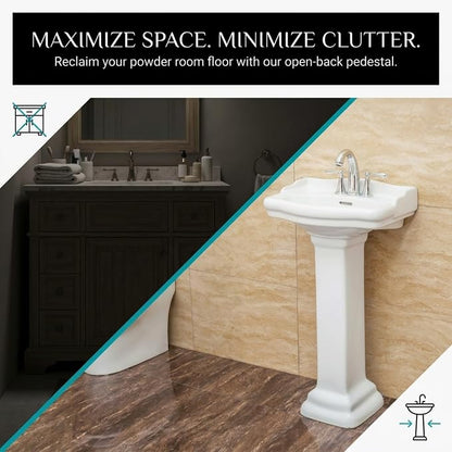 Roosevelt Bathroom Pedestal Sink – 22-Inch Small Pedestal Sink, Durable Vitreous China Ceramic with 4 Inch 3-Hole Bathroom Sink Faucet – Ideal for Modern Bathrooms