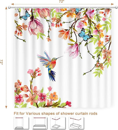 Watercolor Shower Curtain Hummingbird Floral for Bathroom 72 x 72 | Flowers Bird Shower Curtain with Hooks Waterproof Polyester Fabric Machine Washable Farmhouse Decor Bath Curtain