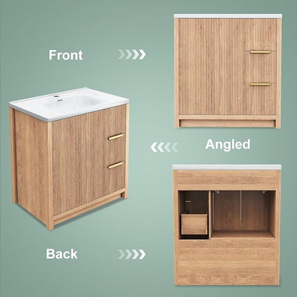 32 Inch Bathroom Vanity with Sink, Bathroom Vanity Cabinet with Single Sink, Bath Vanities with 2 Doors and 2 Drawers, Light Oak (19" D x 32" W x 36" H)