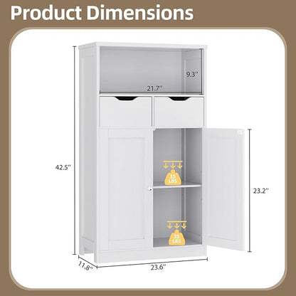 Walsunny Floor Storage Cabinet, Organizer with Doors and Drawers, Freestanding Side Cupboard Pantry with Adjustable Shelf for Bathroom/Living Room, White