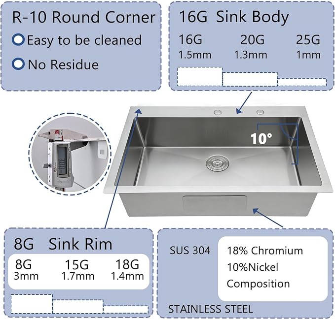 33x22 Inch Drop In Kitchen Sink, Topmount Stainless Steel Brushed Nickel Single Bowl Kitchen Sink, Extra-thick 16 Gauge For RV Laundry Utility with Dish Grid and Basket Strainer YSD013